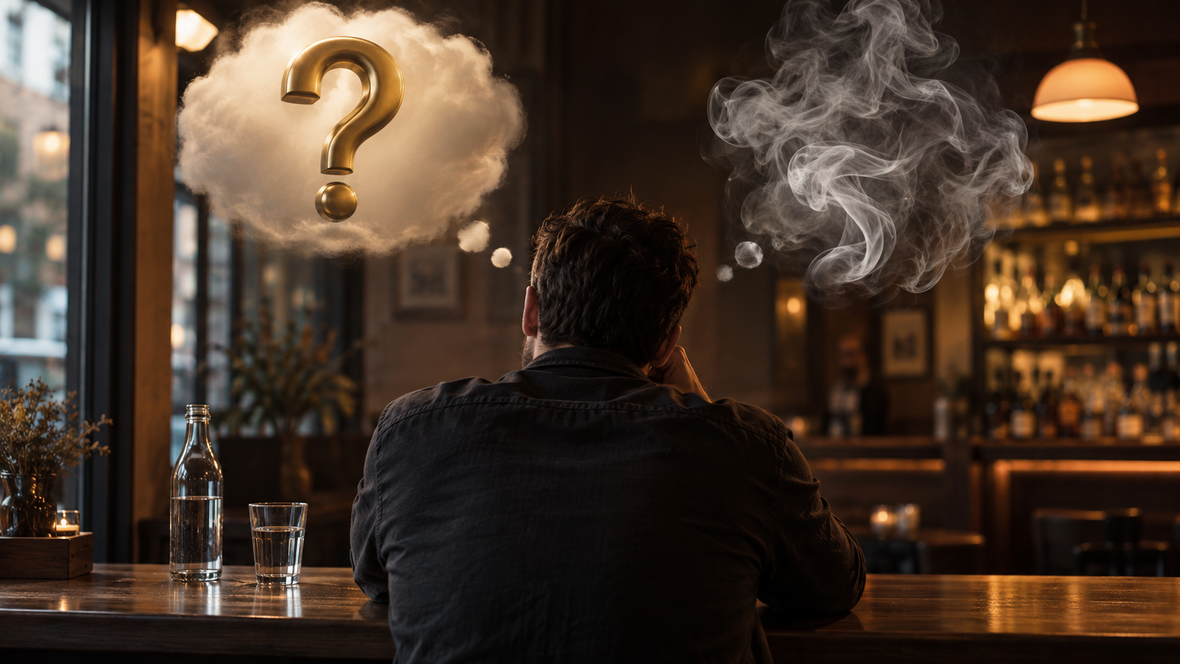 Hombre de espaldas en un bar con una nube de humo y un signo de pregunta dorado flotando sobre la mesa, representación de distinguir la ansiedad de las ganas de fumar