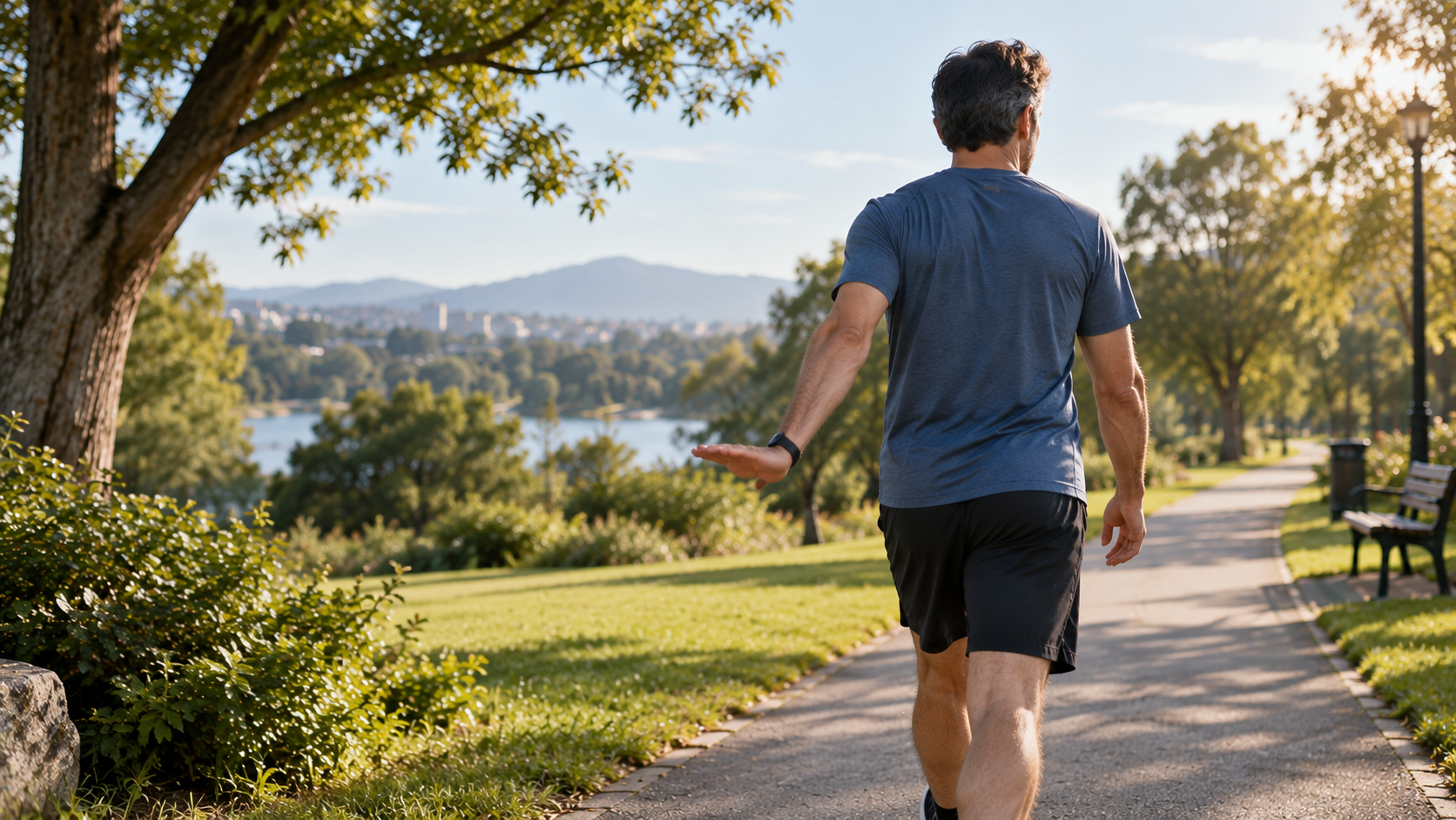 Hombre caminando de espaldas en un parque con la mano extendida hacia atrás, mirando hacia la ciudad y el lago, representación de seguir avanzando pese al miedo a recaer
