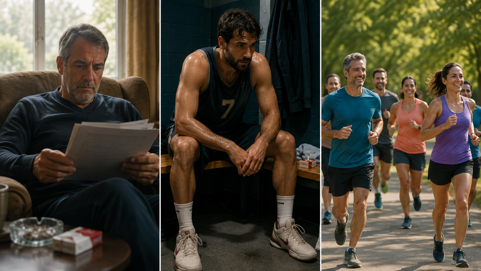 Drie verschillende verhalen van fysieke activiteit: een zittende man met sigaretten naast zich, een rokende basketballer die uitrust in de kleedkamer, en lopers van een 10 km-loop in het park - stopcigarros.com Dr. Humberto Pallares